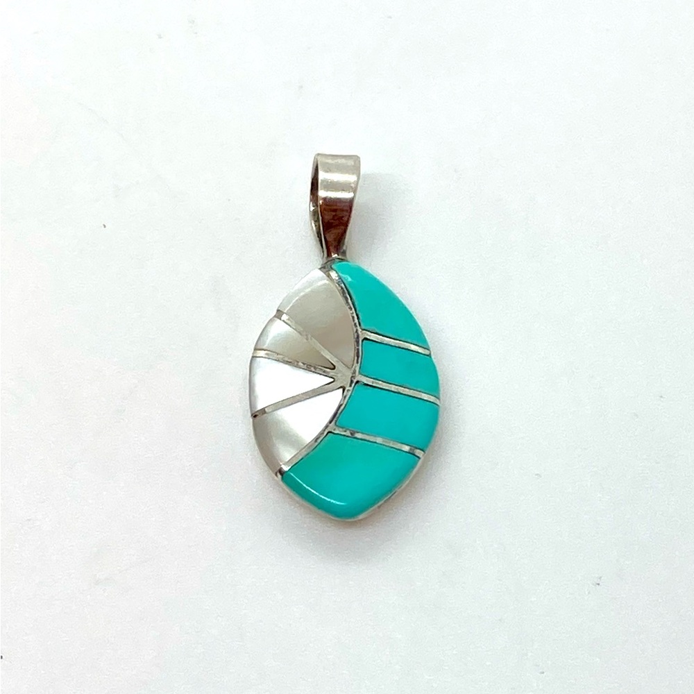 Vtg Navajo Sterling Turquoise & MOP Inlay Marquis Leaf Shaped Pendant | 1” x .6”